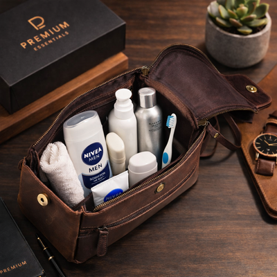 Personalized Leather Toiletry Bag – Handmade Full-Grain Travel Dopp Kit for Men | Premium Grooming Organizer
