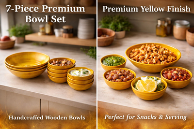 Premium Handcrafted Wooden Bowl Set – 7 Pieces – Yellow Finish