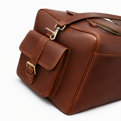 Handmade Full Grain Leather Duffle Bag: Engraved Retro Weekender Hold all