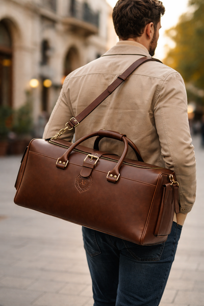 Handmade Full Grain Leather Duffle Bag: Engraved Retro Weekender Hold all