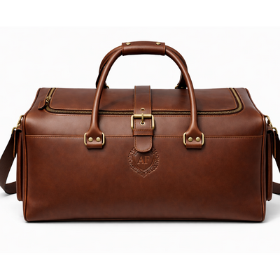 Handmade Full Grain Leather Duffle Bag: Engraved Retro Weekender Hold all