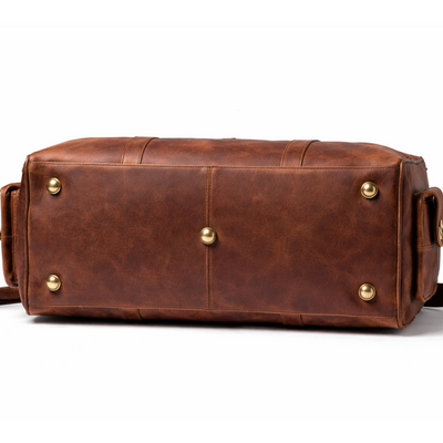 Handmade Full Grain Leather Duffle Bag: Engraved Retro Weekender Hold all