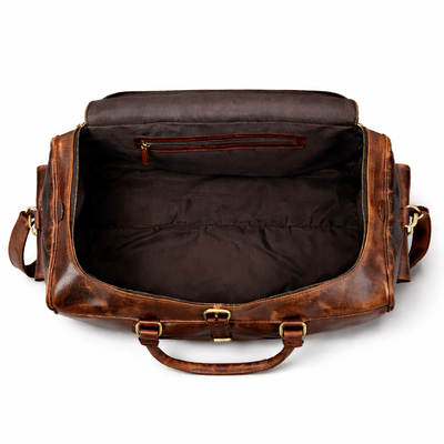 Handmade Full Grain Leather Duffle Bag: Engraved Retro Weekender Hold all