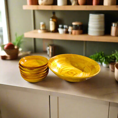 Premium Handcrafted Wooden Bowl Set – 7 Pieces – Yellow Finish